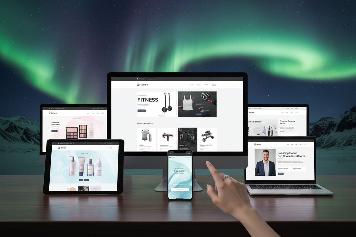 Different screens who shows beautyiful oneline stores, with fitenss, beauty, coaching and therapist. Northen light in the backgeound and a women hand